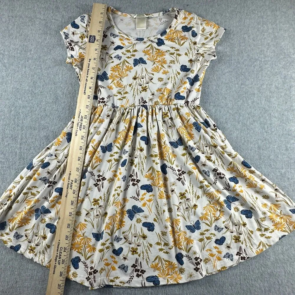 Girls Size 8 Butterfly Floral Dress Ivory Mustard Blue Pockets Fall